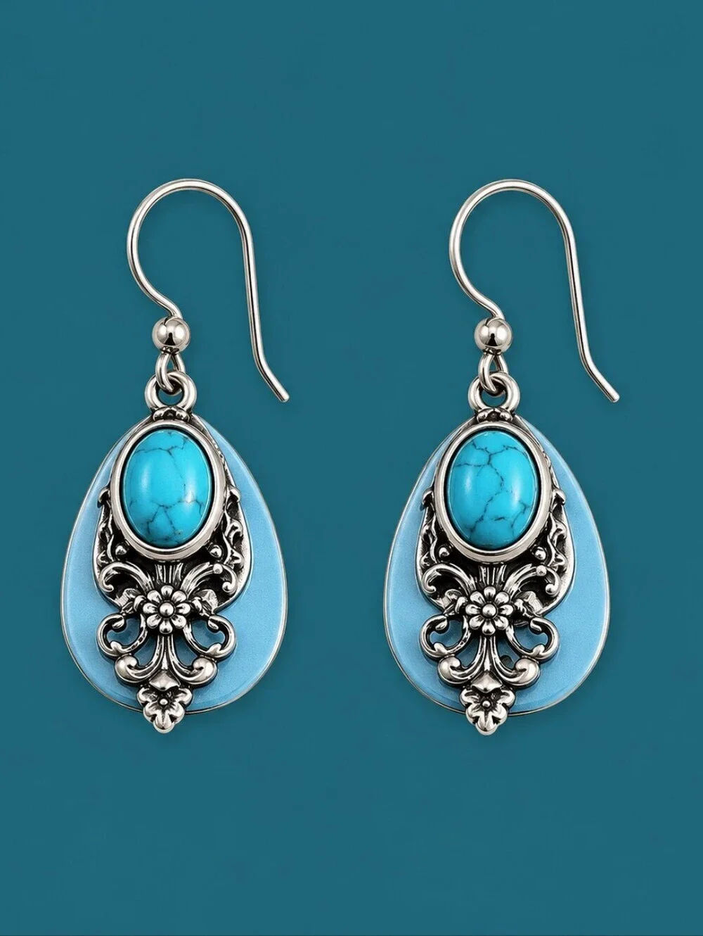 SILVER FOREST Teal Layered Filigree Teardrop Dangle Hook Earrings